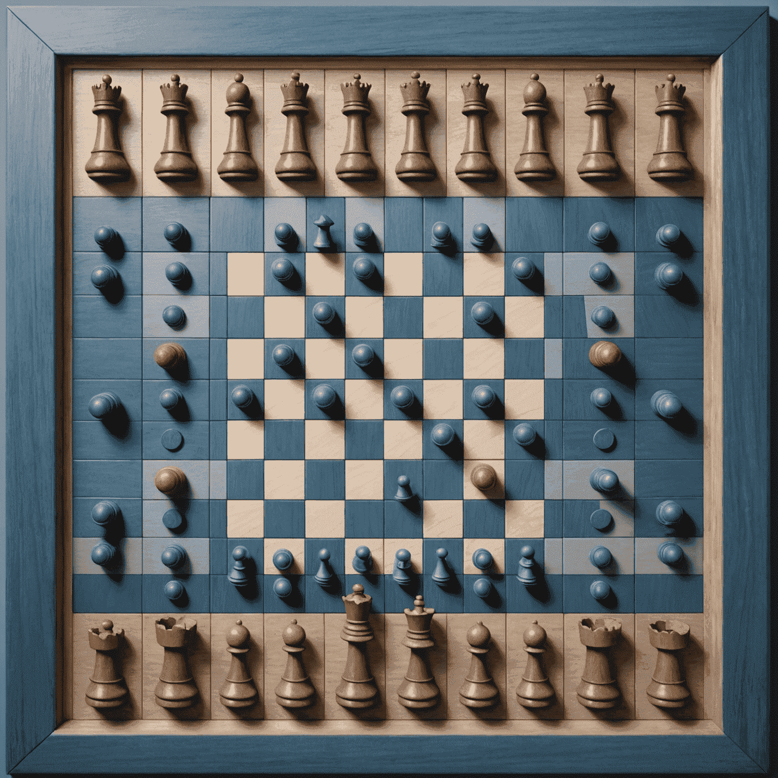 Imagen de un tablero de juego estratégico con piezas dispuestas en una formación compleja. El juego parece ser una mezcla de ajedrez y Go, con un diseño moderno y elegante. Los colores del tablero son tonos suaves de azul y gris, reflejando el esquema de colores del sitio web.