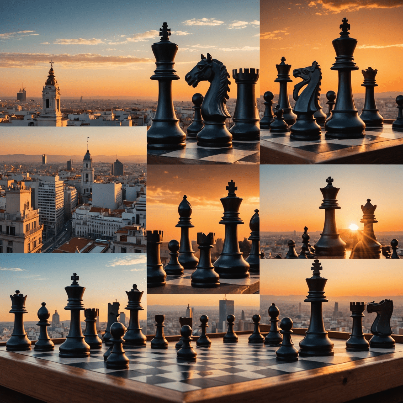 Un collage de los grandes maestros españoles mencionados en el artículo, cada uno concentrado en una partida de ajedrez. El fondo muestra el skyline de Madrid al atardecer.